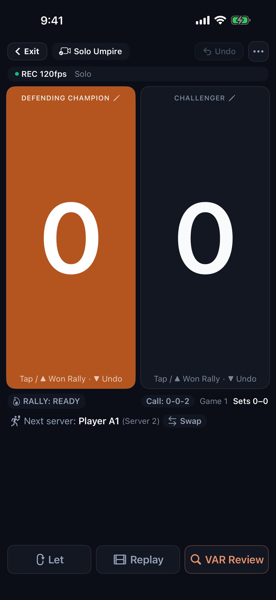 Kitchen Vision live scoreboard, Defending Champion vs Challenger, with 0-0-2 callout, Let, Replay and VAR Review
