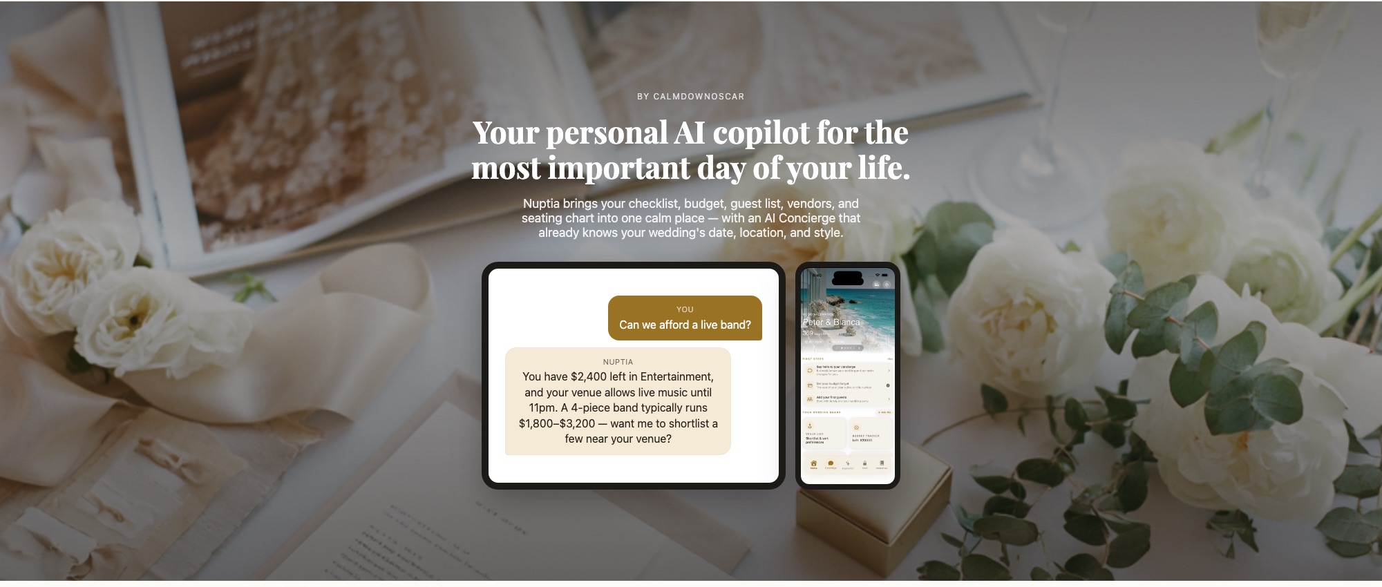 Nuptia by calmdownoscar — your personal AI copilot for the most important day of your life. App preview on iPad and iPhone.